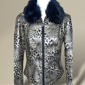Baccini Faux Leather & Fur Leopard Print Jacket Full Zip Gold & Black Size Small